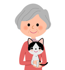 シニア女性　ペット　猫