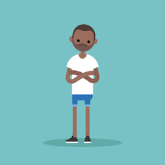 Young sceptical black man crossing arms and tilting head / flat editable vector illustration