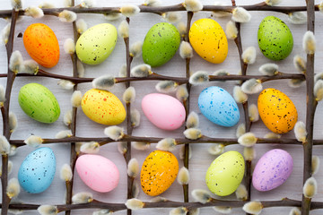 Easter and spring decoration, catkins and eggs.