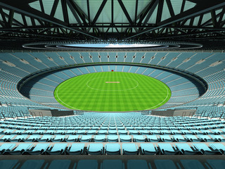 Fototapeta premium 3D render of a round cricket stadium with sky blue seats and VIP boxes