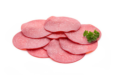 Obraz na płótnie Canvas Salami smoked sausage one slice isolated on white background cutout.
