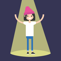 Young successful brunette girl standing in the spotlight / flat editable vector illustration