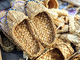 Old Russian bast shoes made by artisans