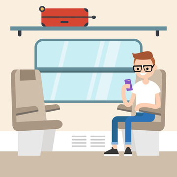 Young passenger sitting in the train compartment / editable flat vector illustration