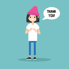 Young grateful brunette girl says 