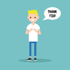 Young grateful blond boy says 