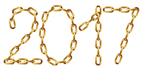 Vector 2017 inscription made from golden chain, isolated on white.