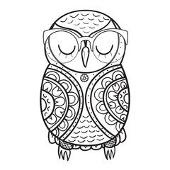 Cute decorative ornamental Owl with glasses, vector doodle illustration