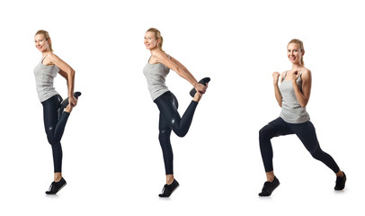 Young woman doing sports isolated on white