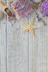 Fototapeta premium Natural handmade soaps with sea salt, sea star and dried lavender flowers