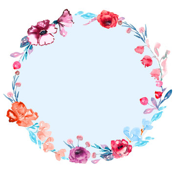 Round frame of roses flowers and wild mallow, blue leaves and berries, hand painted watercolor illustration in modern style (soft spots), design with place for text (greetings or invitations)