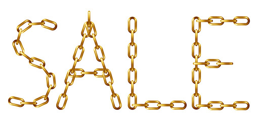 Sale inscription with the letters made from golden chain, isolated on white.