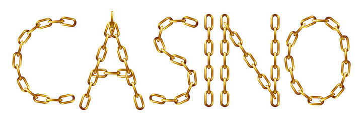Casino inscription with the letters made from golden chain, isolated on white.