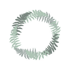 Wreath with hand drawn wild  fern leaves in shades of green and gray colors.