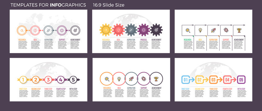 Business infographics. Presentation templates with 5 steps, options, sections.