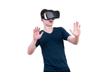 Naklejka premium The man with glasses of virtual reality on white isolated background.