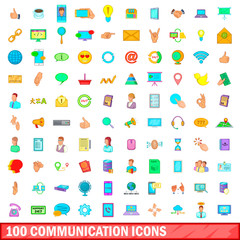 100 communication icons set, cartoon style