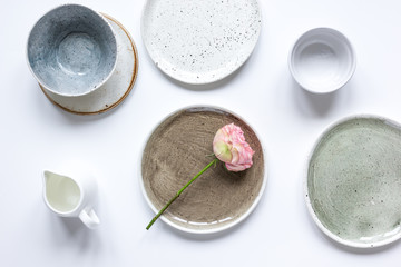 ceramic tableware top view on white background mock up