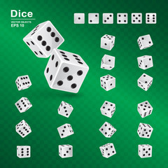 Vector illustration. Six sided Dice in all possible turns on green checkered background