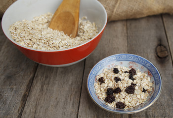 Dry oatmeal with raisins. Healthy food
