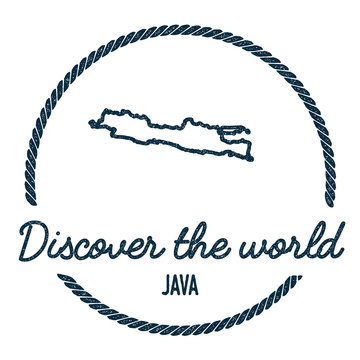 Java Map Outline. Vintage Discover the World Rubber Stamp with Island Map. Hipster Style Nautical Insignia, with Round Rope Border. Travel Vector Illustration.
