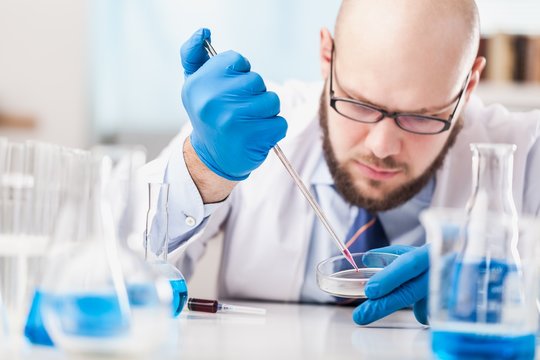 Man researcher carrying out scientific research.