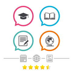 Obraz premium Pencil and open book signs. Graduation cap icon.