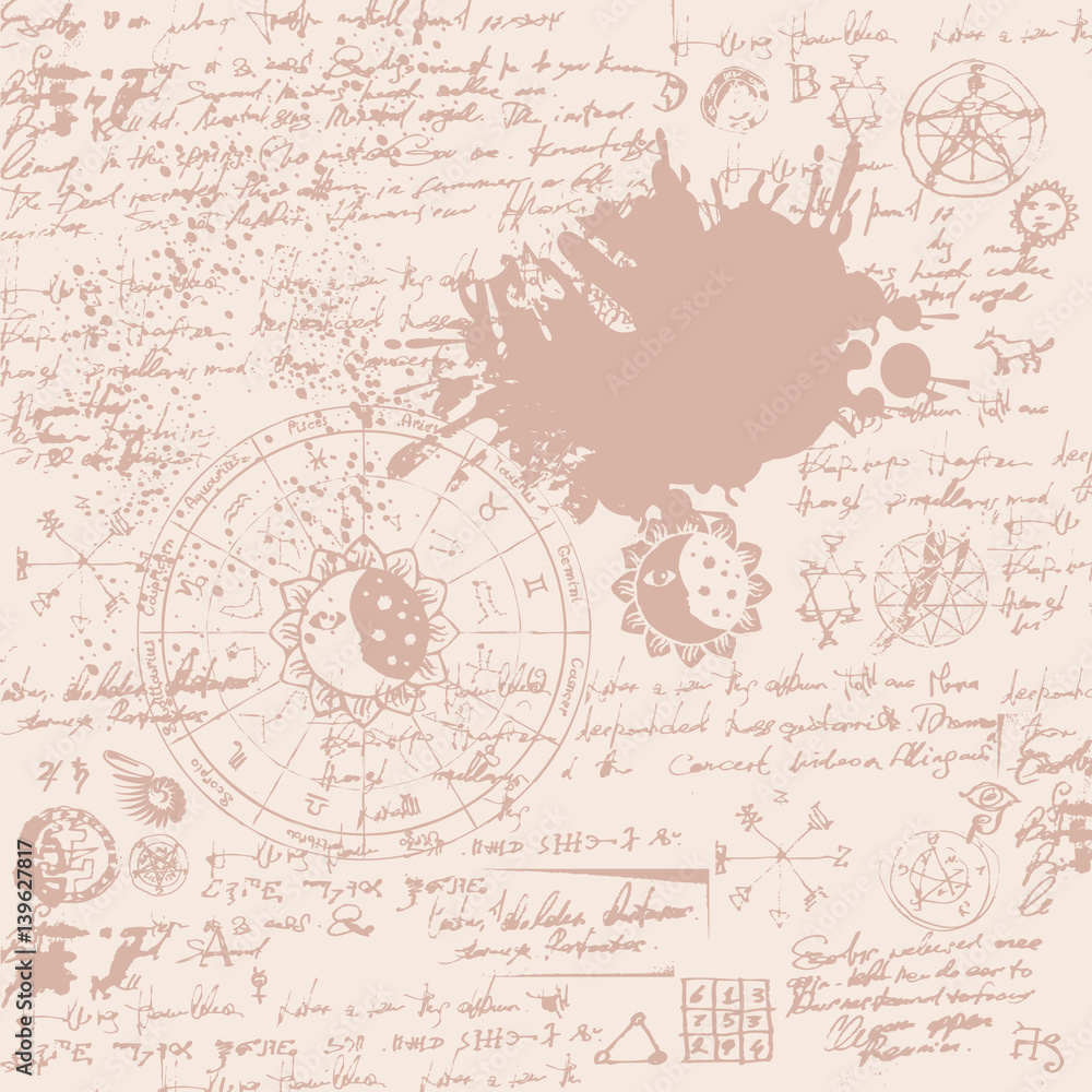 Poster vector texture with constellations and signs of the zodiac and the text with stains and splashes