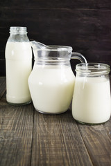 Fresh milk in a glass bottle and jug