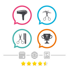 Hairdresser icons. Scissors cut hair symbol.