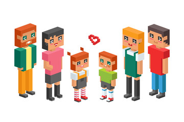 3d isometric family couple children kids people concept flat icons flirting love first date parenting together vector square illustration man woman