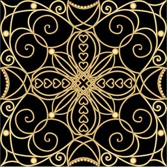 Filigree golden ornament, tile in art deco style, metallic flourish patterns with 3d illusion on black background. Vintage victorian decoration.