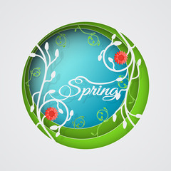 Multilayered Spring vector poster in style of the paper art carve on the gradient sunny blue and green background with floral pattern and red flowers.