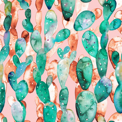 Cotton fabric Watercolor cactus seamless pattern.