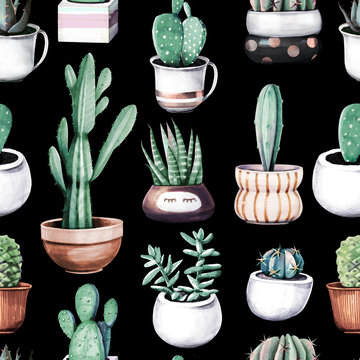 Watercolor cactus in pot tropical garden seamless pattern.