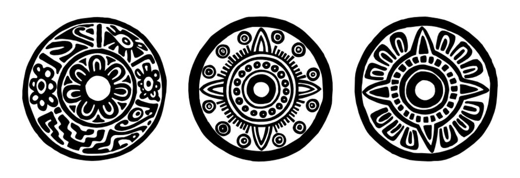Ancient maya circle flowers, black and white