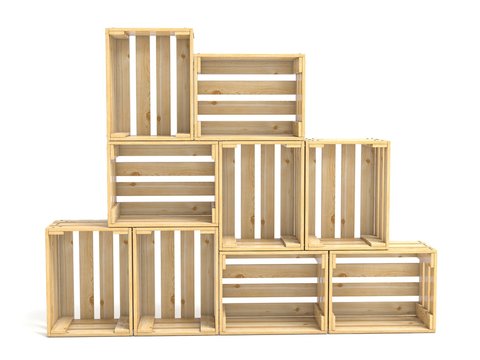Empty wooden crates arranged 3D