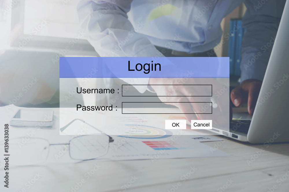 Poster login screen on the working in the office on table background.