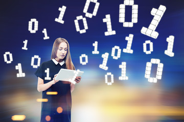 Woman with laptop, zeros and ones.