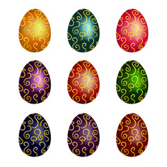 Set of yellow, blue, green, purple, red and orange Easter eggs on a white background