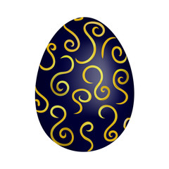 Blue easter egg with golden pattern on a white background