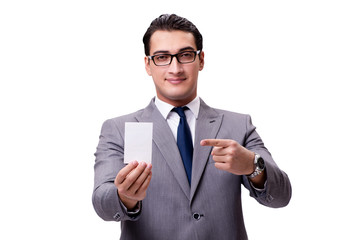 Businessman with blank card isolated on white background