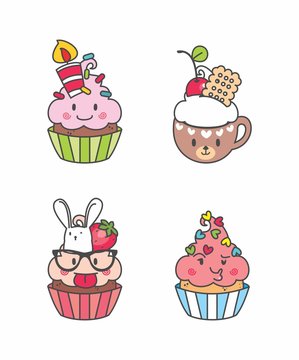 Set Cupcake kawaii geek, desenho cupcake, bolo de copo, bolinhos, emotions, elementos, doce 24