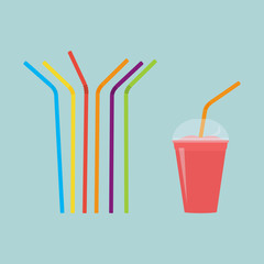 Plastic straws for cocktail set. Red cup of drink with straw. Orange, red, blue, yellow, green, violet straws. Vector illustration