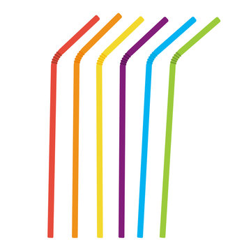 Plastic straws for cocktail set. Orange, red, blue, yellow, green, violet straws. Vector illustration