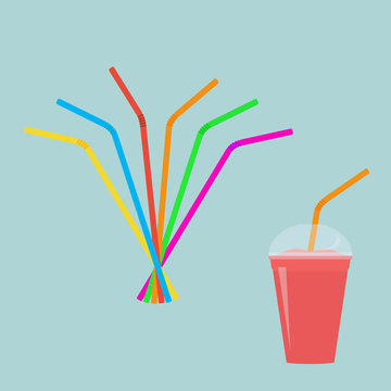 Plastic straws for cocktail set. Red cup of drink with straw. Orange, red, blue, yellow, green, violet straws. Vector illustration