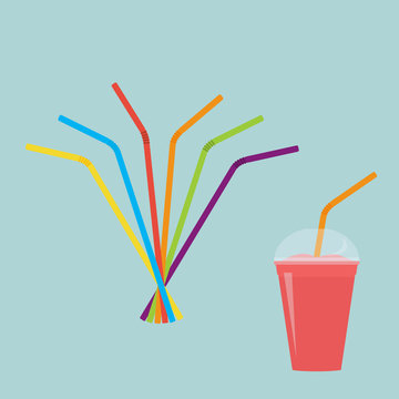 Plastic straws for cocktail set. Red cup of drink with straw. Orange, red, blue, yellow, green, violet straws. Vector illustration