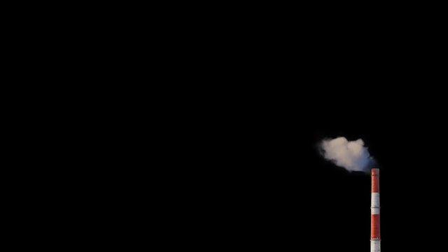 Large plant chimey tube isolated with alpha channel. Pipe throwing smoke in the sky. Pollution smoke rises from an industrial thermal chimney. 