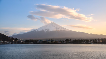 Fototapeta na wymiar Mt. Fuji in the early morning which is viewed from lake Kawaguchi, Yamanashi, Japan
