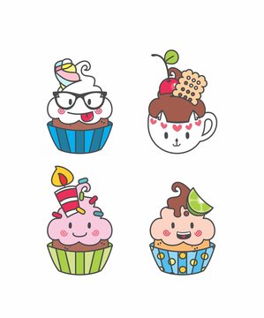 Set Cupcake kawaii geek, desenho cupcake, bolo de copo, bolinhos, emotions, elementos, doce 01